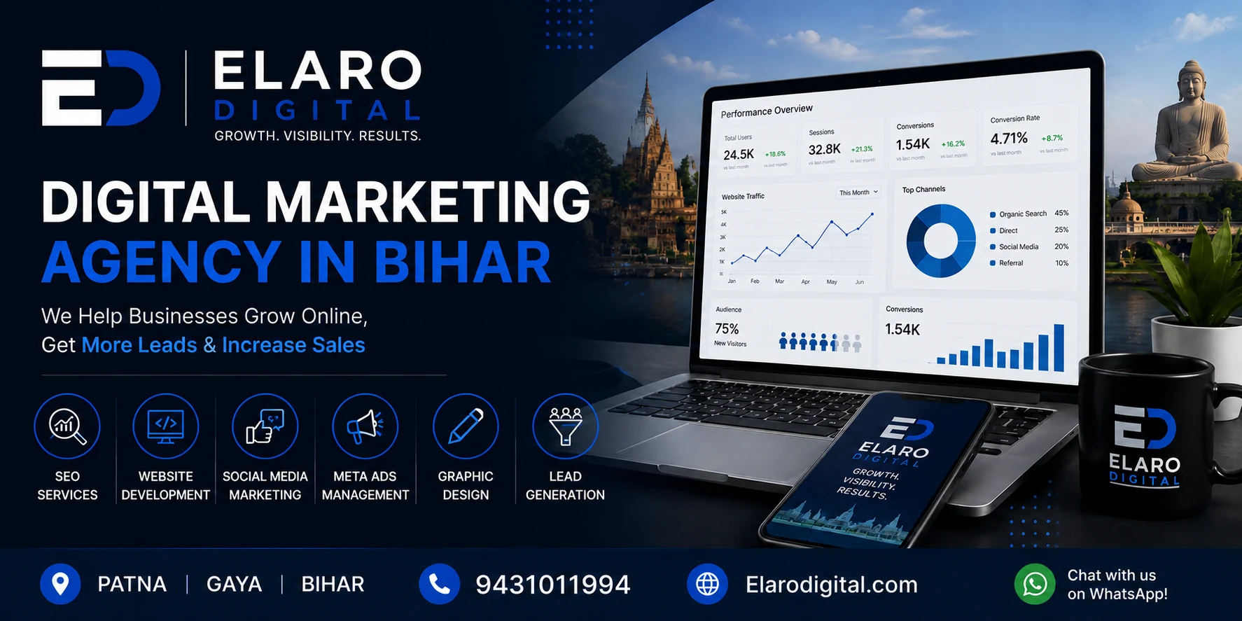 ElaroDigital — digital marketing agency in Bihar: SEO, website development, social media marketing, Meta Ads, graphic design and lead generation in Patna and Gaya